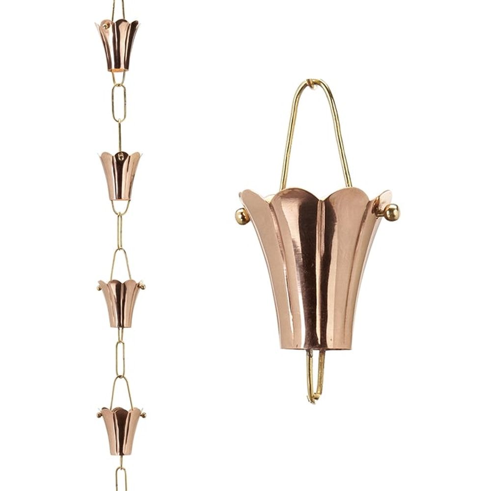 Fluted Flower Polished Copper Rain Chain 8.5 ft.